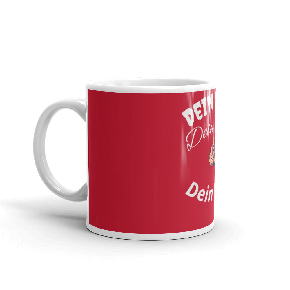 White glossy cup, with print of your desired logo, text, photo also with a red background