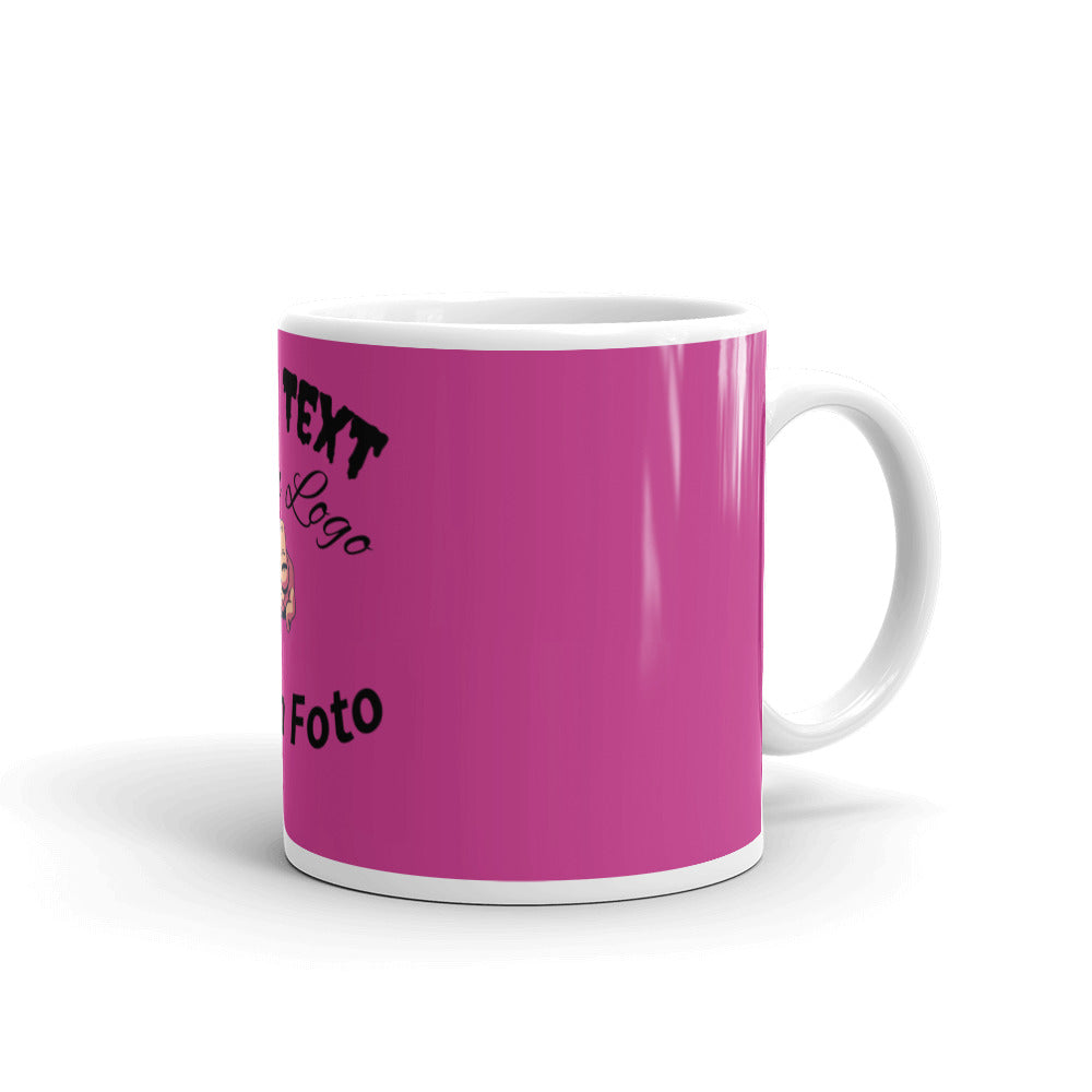 White glossy cup, with print of your desired logo, text, photo also with a pink background