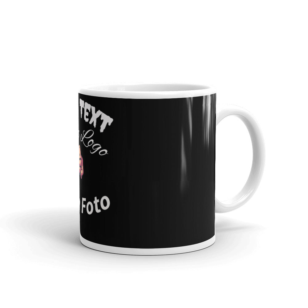 White glossy cup, with print of your desired logo, text, photo also with a black background