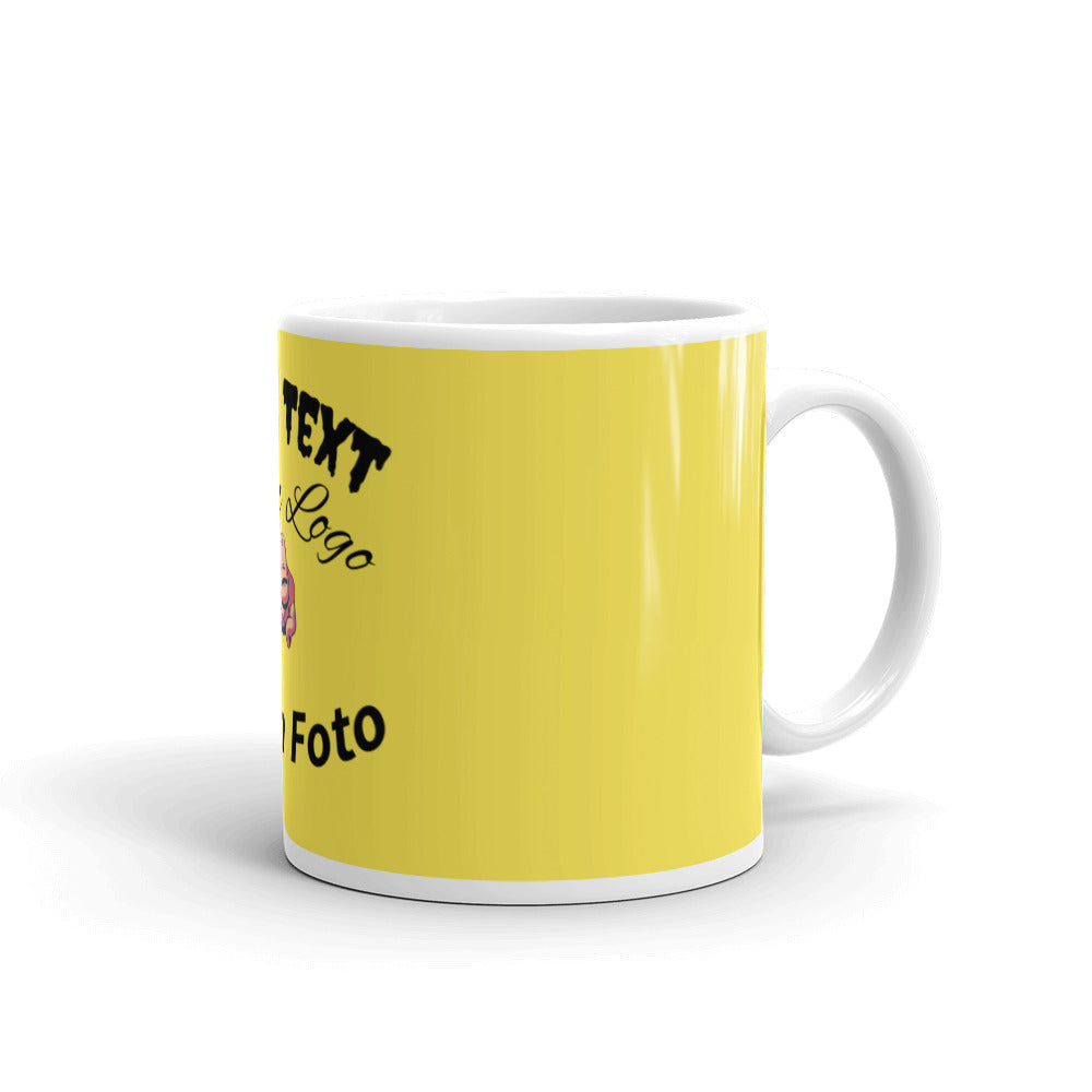 Weiß glänzende Tasse ,mit Druck nach Wunsch Logo,Text,Foto auch mit gelben Hintergrund